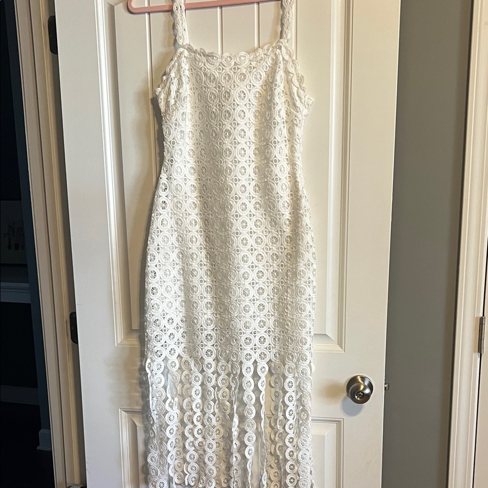 White Lace Midi Dress with Crochet Trim